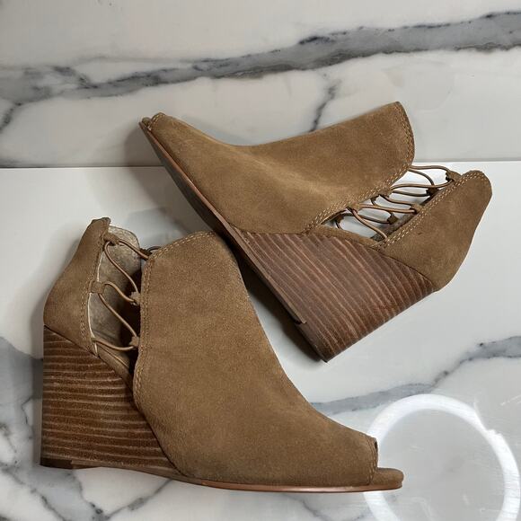 Lucky Brand | Women's Brown Leather Peeptoe Reevas Wedge Booties Sz 8.5 - Picture 7 of 8